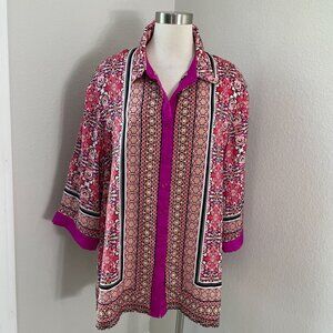 Rose + Olive Womens Plus 2X Floral Border Print Button Up Blouse Shirt